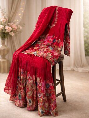 Elegant Red Floral Embroidered Ethnic Set – Size 44 (XXL)